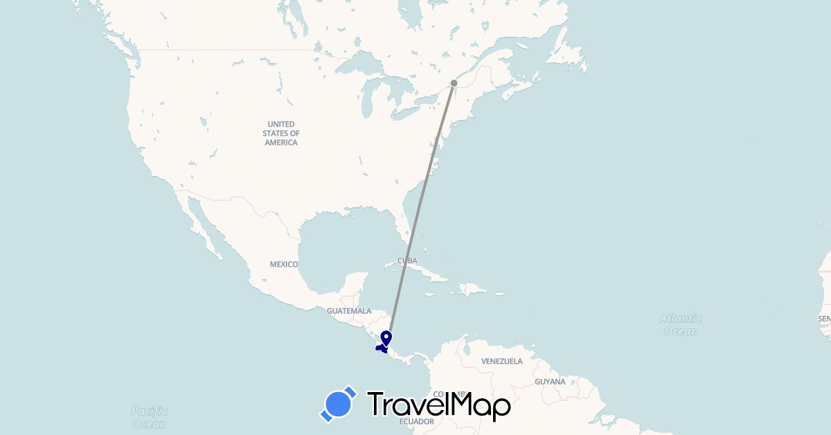 TravelMap itinerary: driving, plane in Canada, Costa Rica (North America)